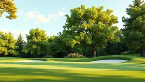 Summer golf course with rapeseed fields and sunny skies.