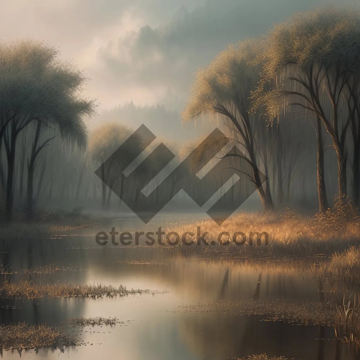 Picture of Serene Sunset over Rustic Countryside Lake