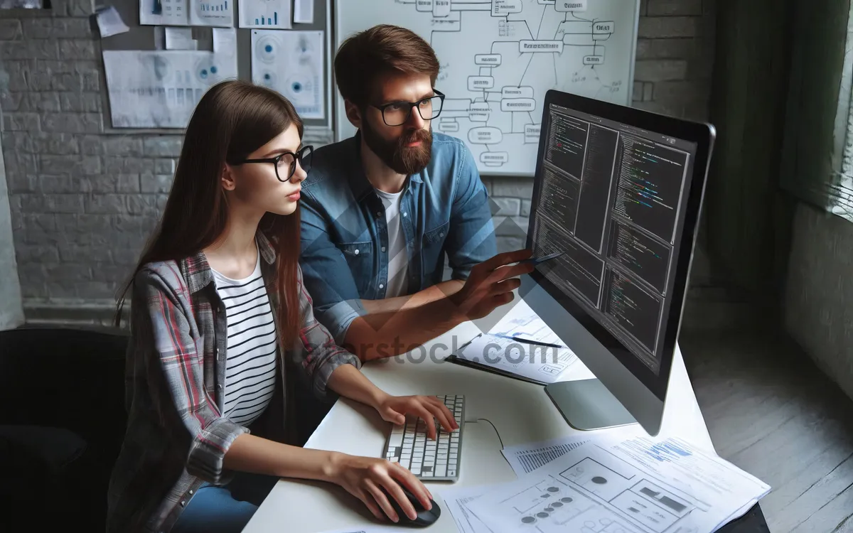 Picture of An experienced programmer teaches a younger worker how to use a specialized program. AI, Generation, Illustration.