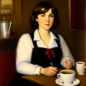 Happy lady holding a pretty cup of coffee.