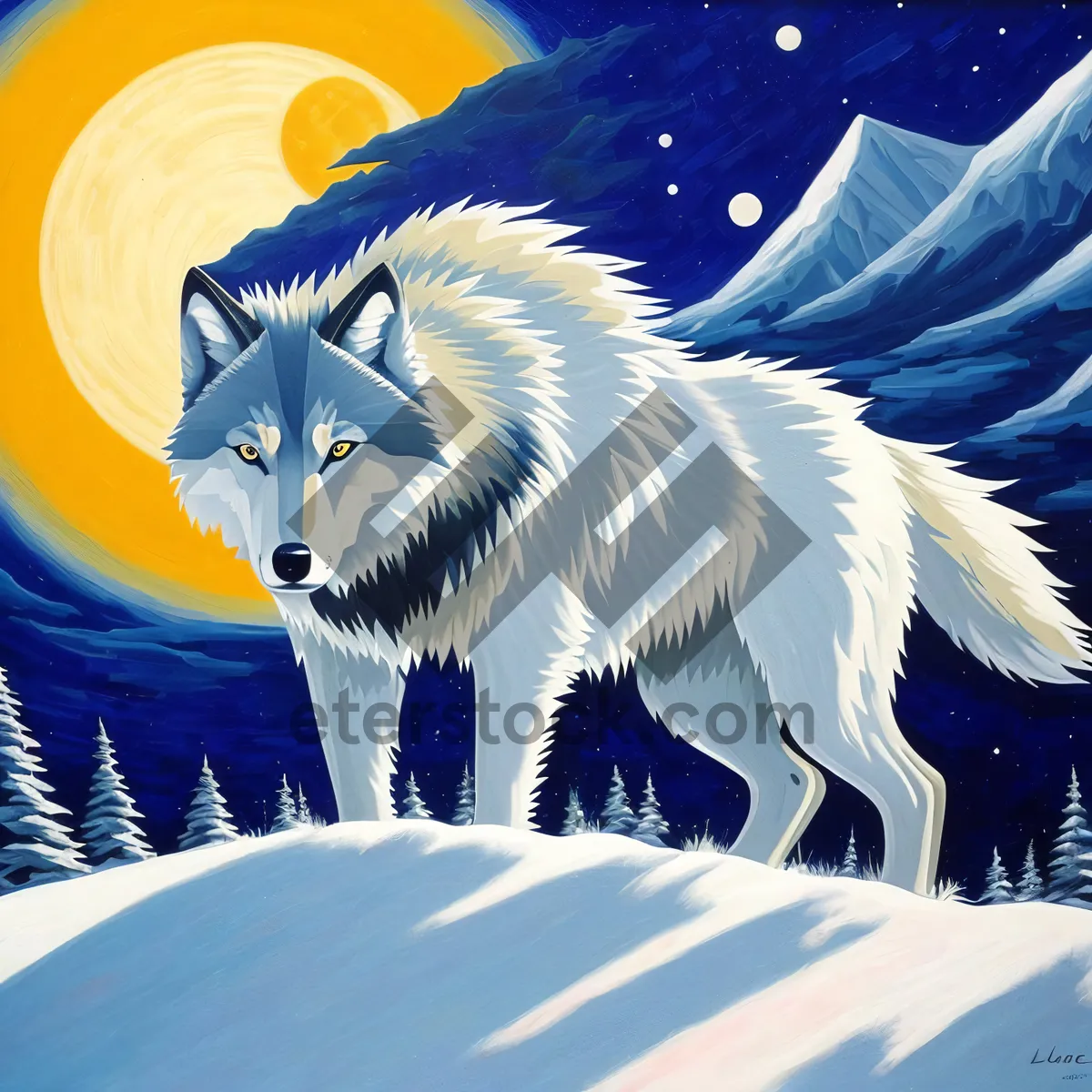 Picture of Winter Majesty: White Wolf Roaming Snowy Mountains