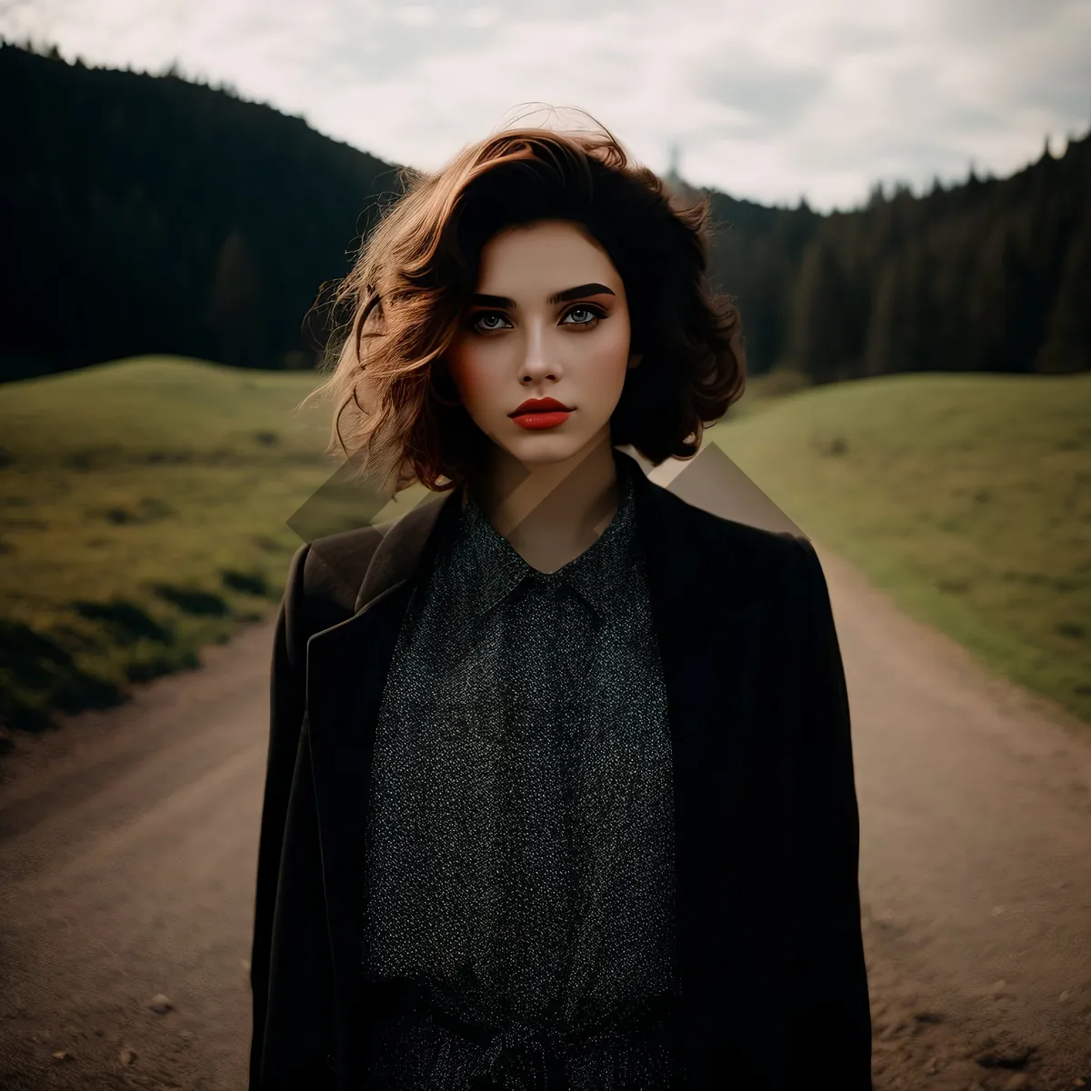 Picture of Happy Smiling Fashion Model with Attractive Brunette Hair