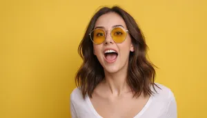 Attractive fashion model wearing sunglasses in studio portrait.