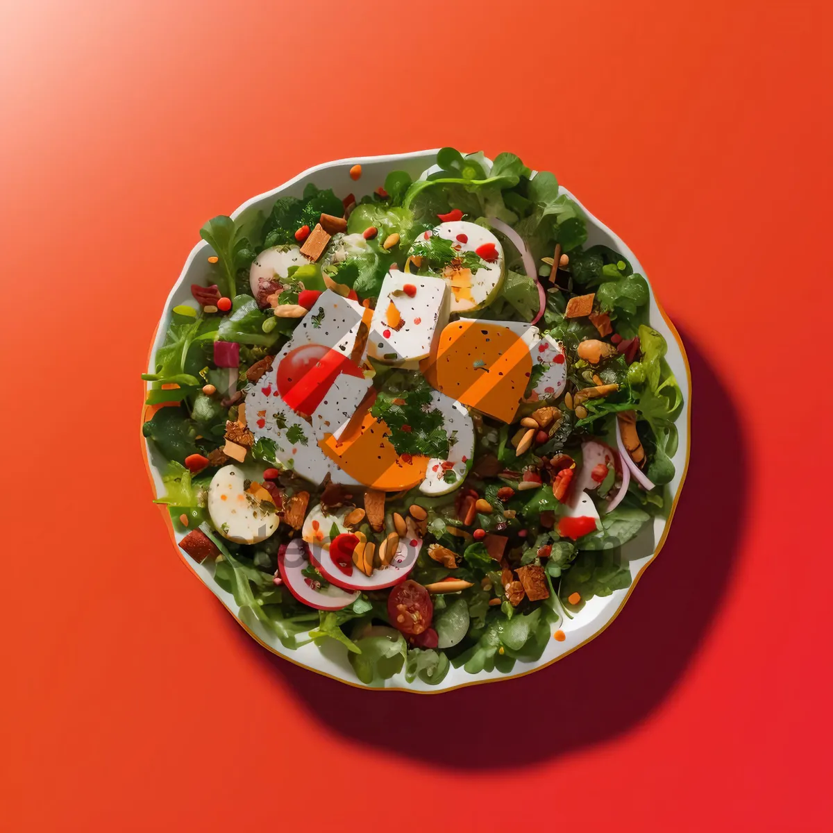 Picture of Delicious gourmet vegetable salad with cheese and seafood.
