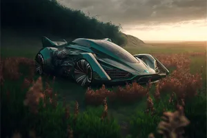 Summer sky over rural landscape with car