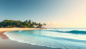 Tranquil beach with clear turquoise water and sunny sky