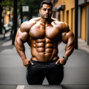 Attractive male model with muscular physique posing shirtless