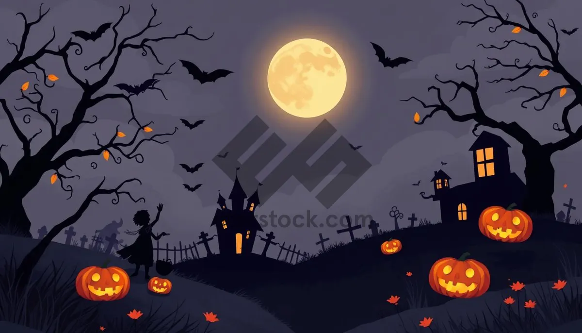 Picture of Silhouette moon cartoon cemetery night decoration pumpkin