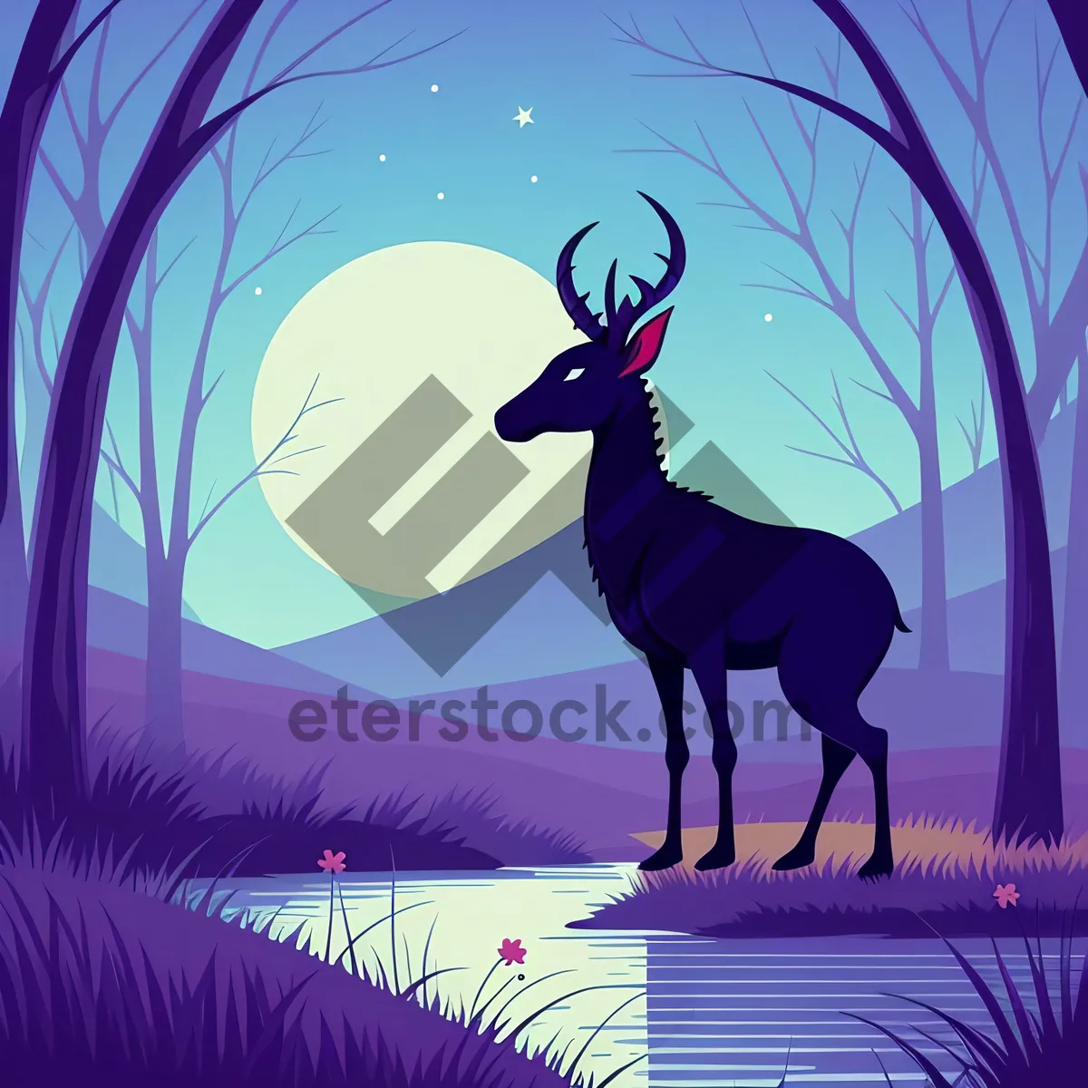 Picture of Majestic Caribou Silhouette Under Moonlit Sky