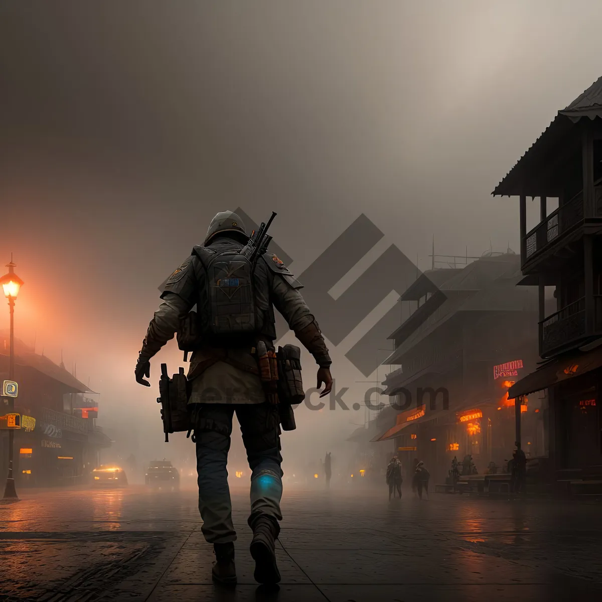 Picture of Sunset Beach Canopy: Silhouetted Man Seeking Shelter Under Umbrella