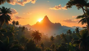 Tropical Sunset Silhouette Palm Trees Beach Scene