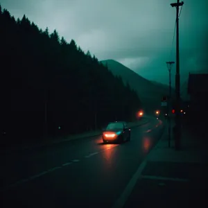 Nighttime cityscape with busy intersection and speeding cars