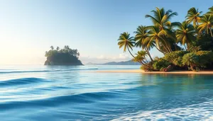 Tropical Beach Paradise with Palm Trees and Ocean Wave