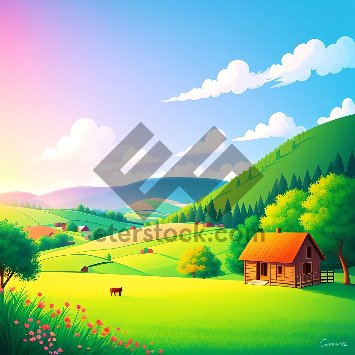 Picture of Breathtaking Summer Landscape with Rolling Green Fields