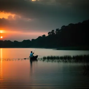 Serene Sunset Reflection on Lake with Kayak