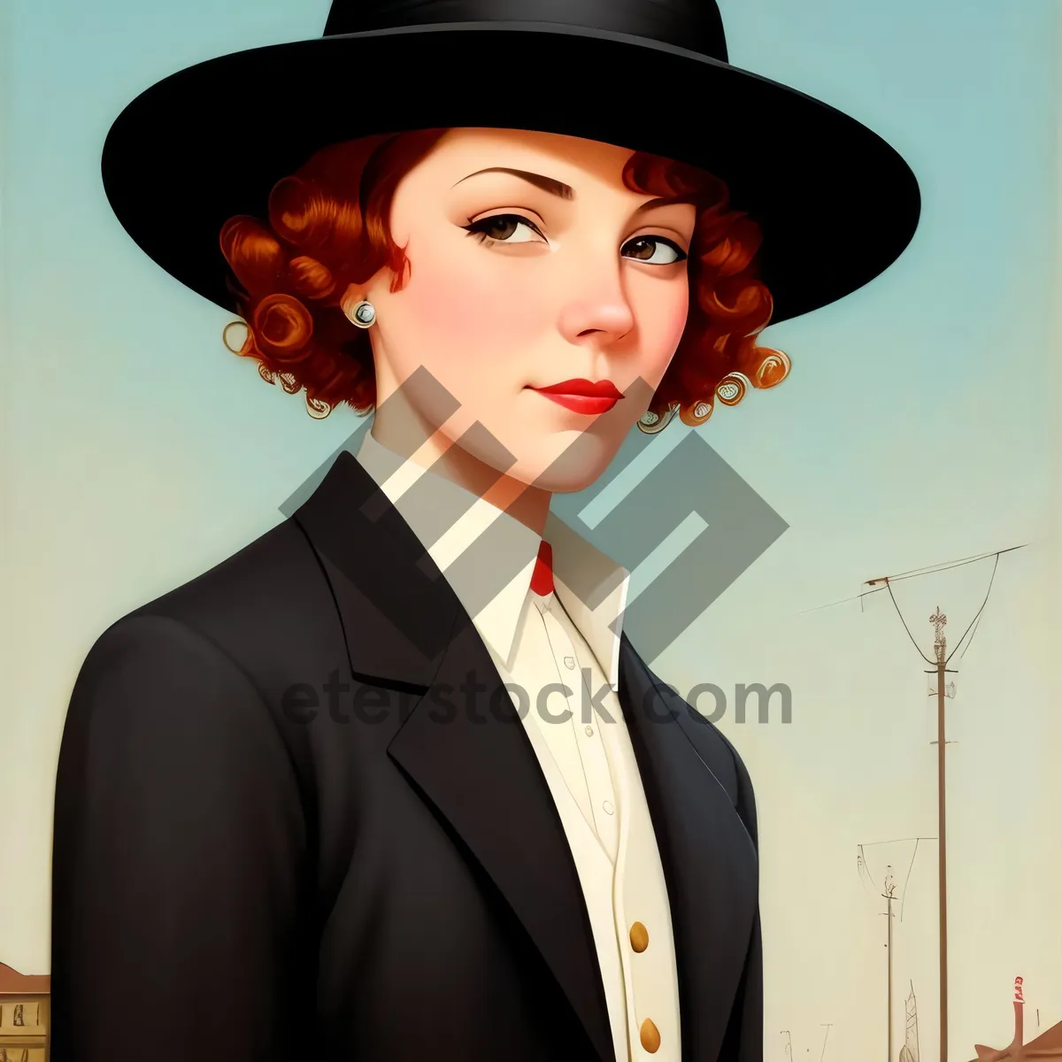 Picture of Successful Businesswoman in Black Suit and Hat