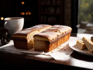 Delicious breakfast pastry with coffee cup and cake slice