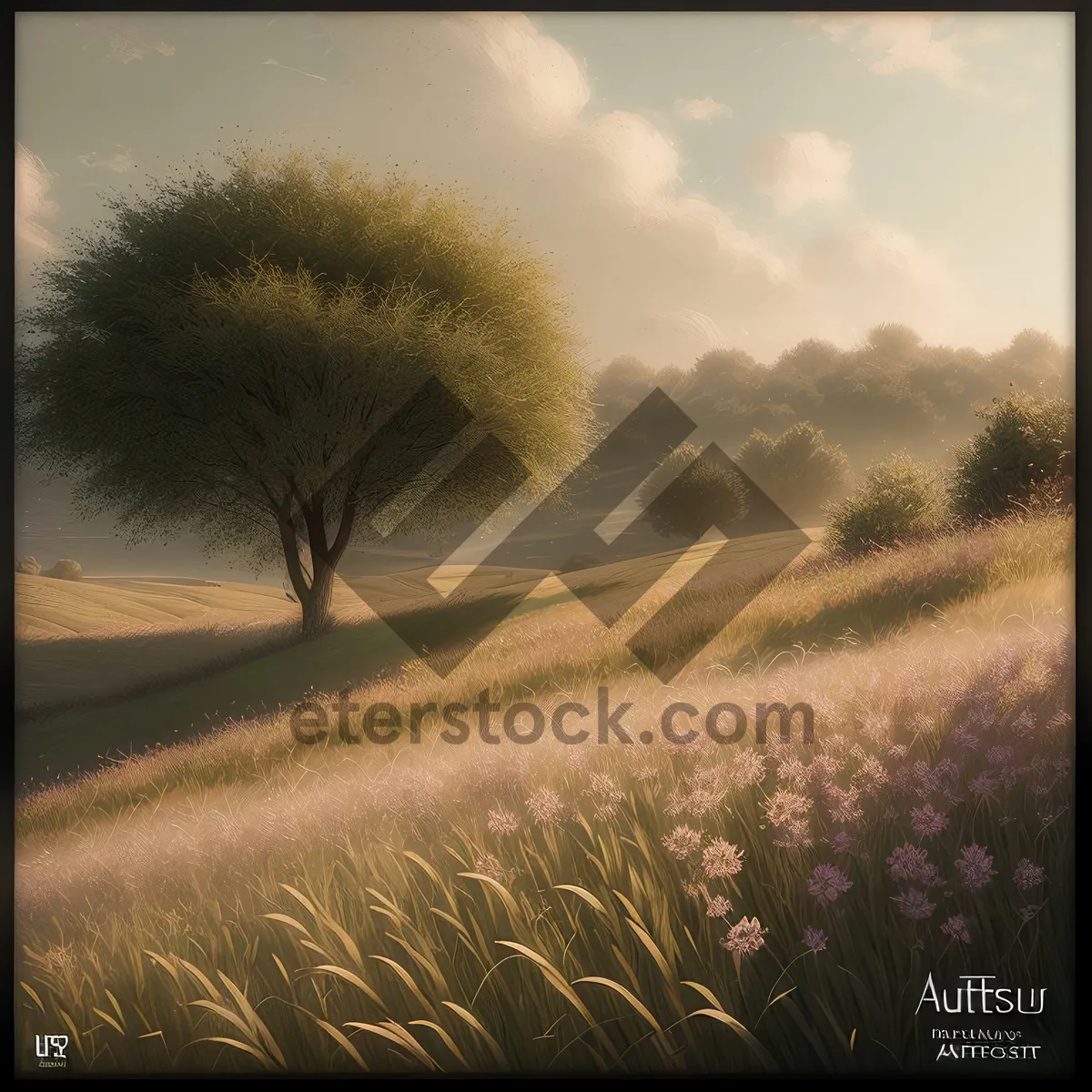 Picture of Golden Horizon: Idyllic Countryside Sunset with Farm Fields