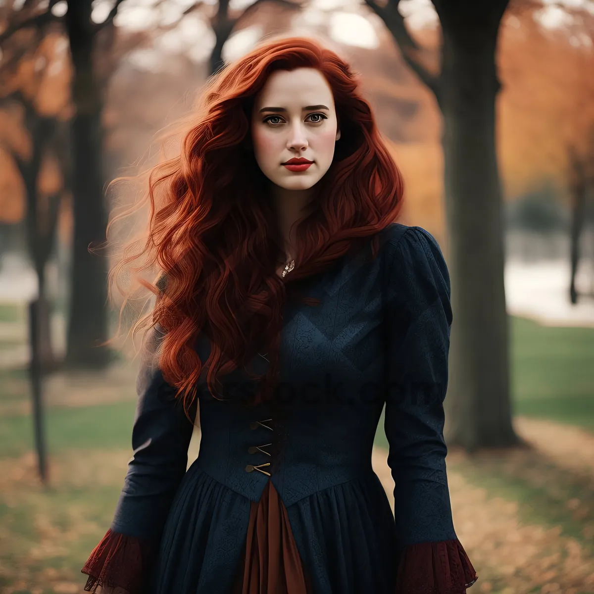 Picture of Attractive brunette lady smiling in leather coat at park.