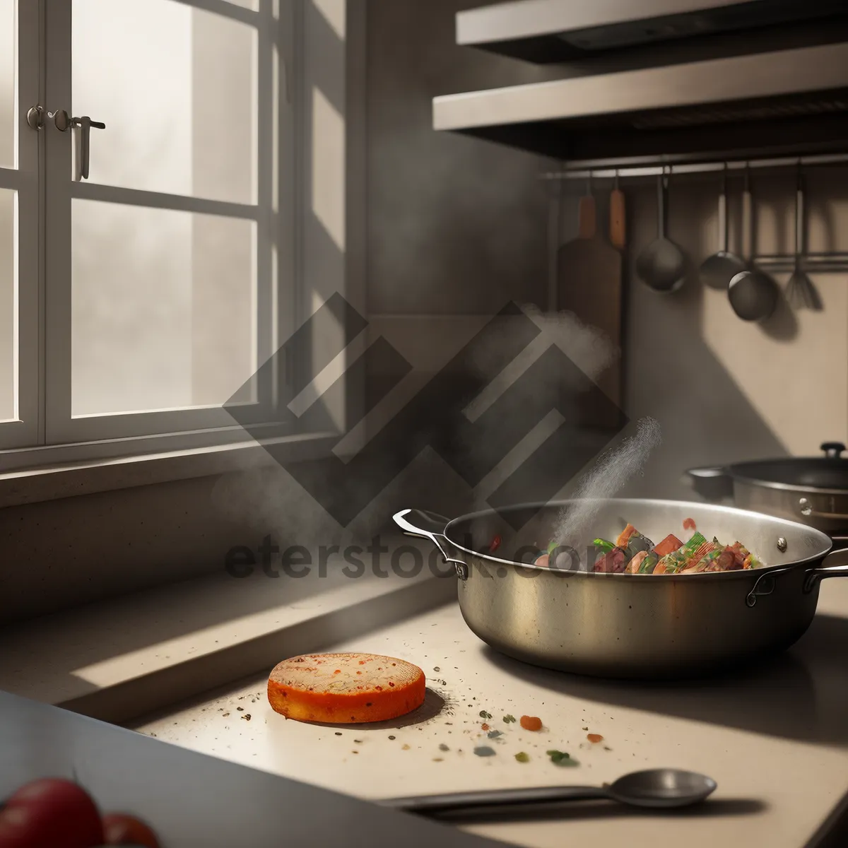 Picture of Kitchen Cookware: Frying Pan, Utensils, and Plate