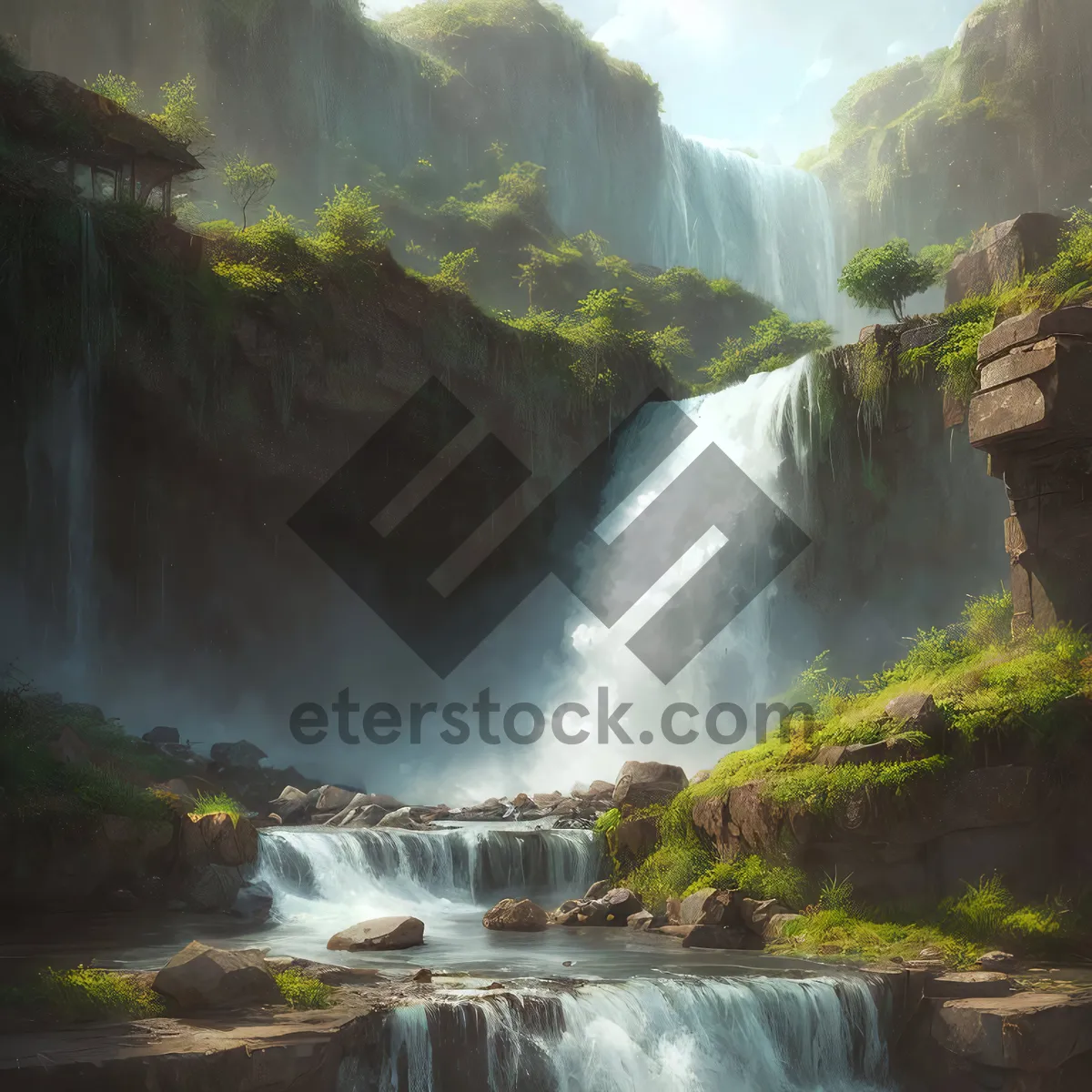 Picture of Majestic Waterfall in Serene Mountain Valley