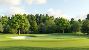 Rural golf course with flag and trees in spring landscape