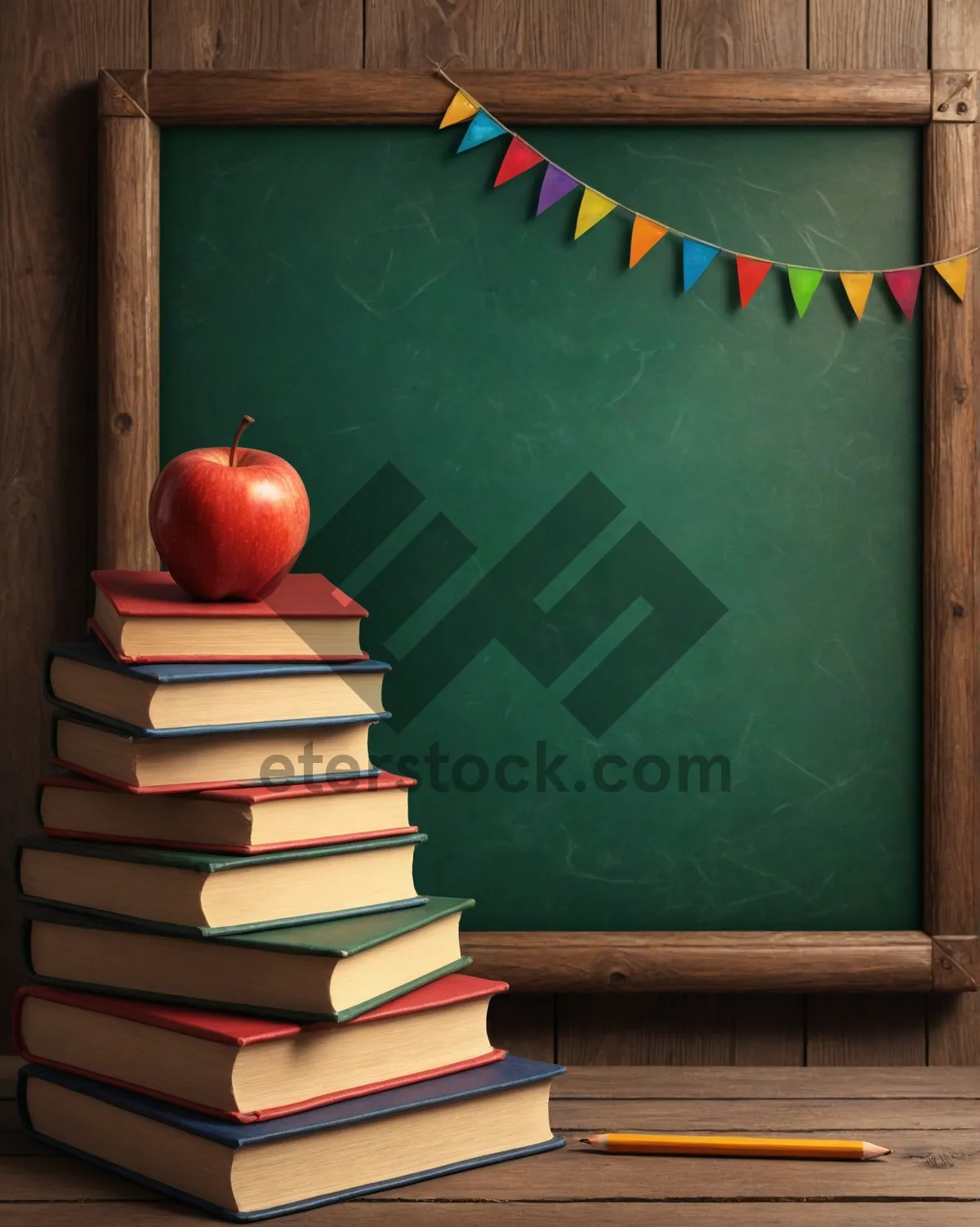 Picture of Vintage library books stack on old blackboard