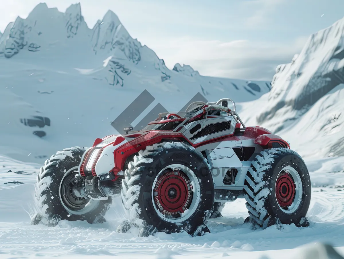 Picture of Snowy Mountain Landscape with Car Wheel on Peak