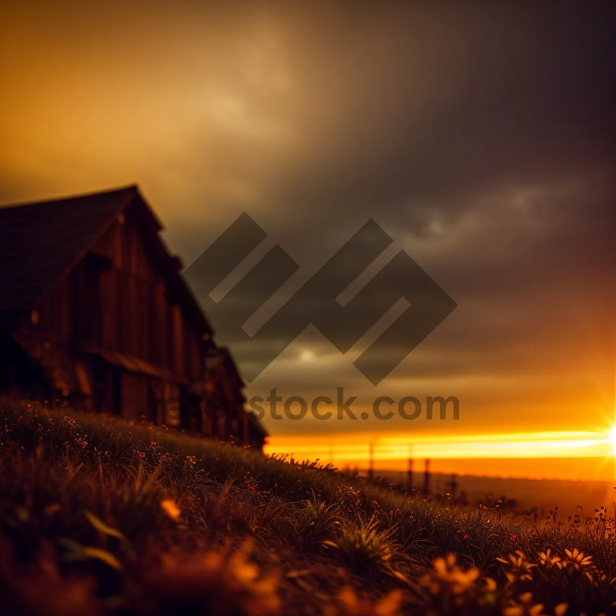 Picture of Rustic Charm at Sunset: Barn amidst Orange Sky