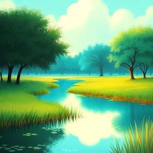 Golden Serenity: Tranquil Sunset Reflection over Meadow