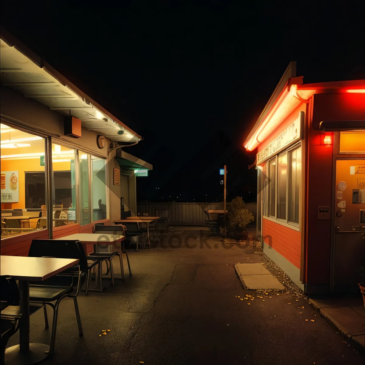Picture of Modern cafeteria interior with stylish chairs and open patio