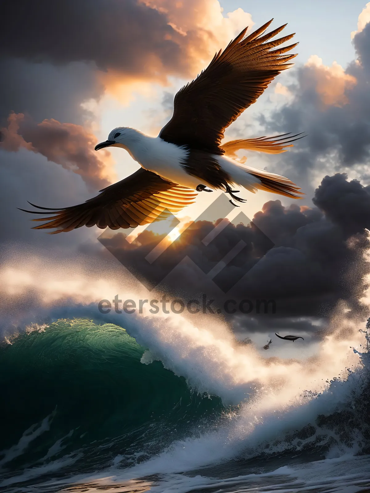 Picture of Silhouette of Flying Pelican against Golden Sunset