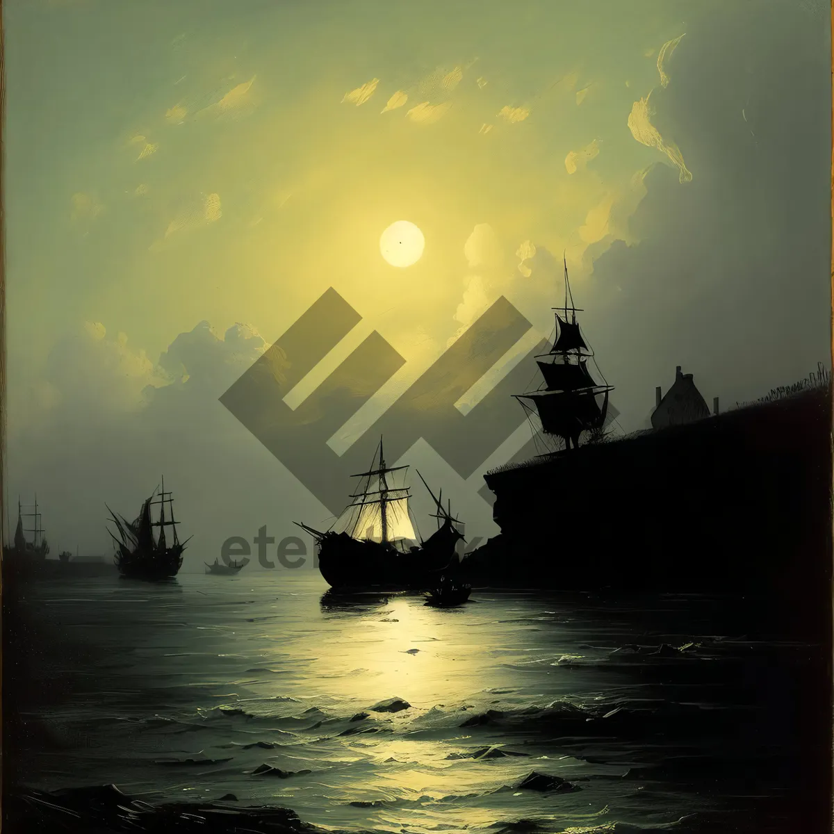 Picture of Sunset Pirate Ship on Ocean Horizon