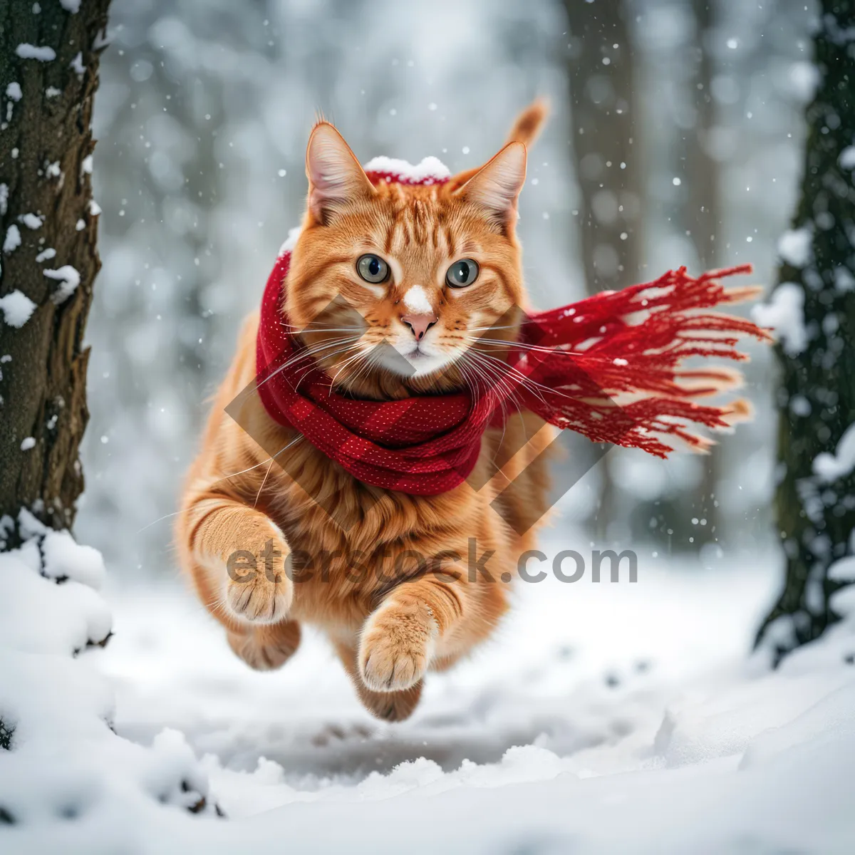 Picture of White fluffy cat in winter snow.