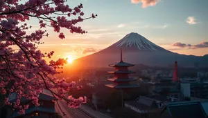 Silhouette of Japanese mountains against sunset sky