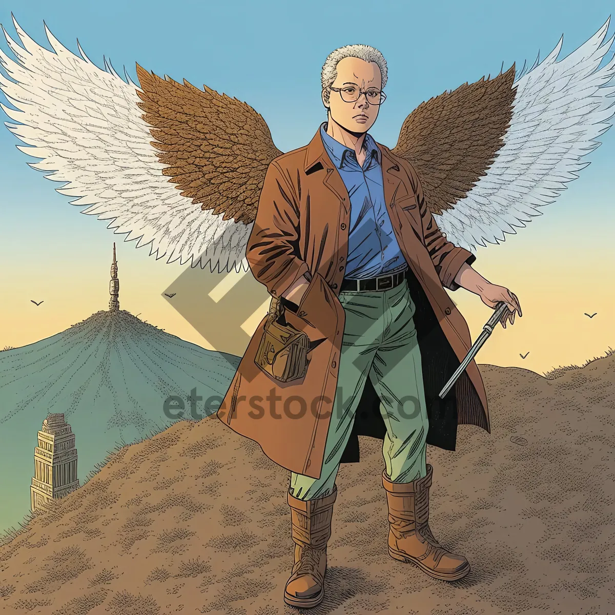 Picture of Man enjoying summer beach vacation with parasol under sunny sky