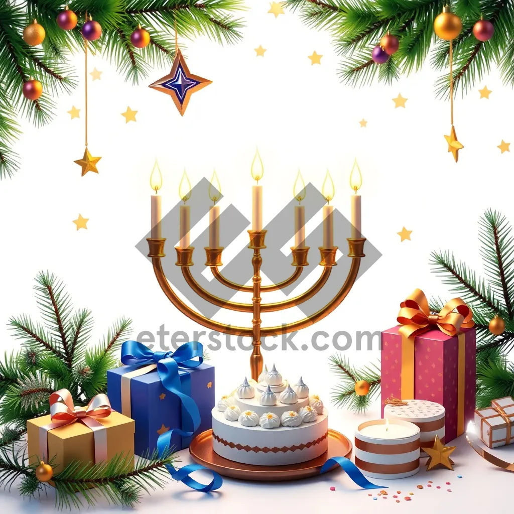 Picture of Festive holiday tree with gold menorah and candles