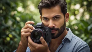 Male photographer holding camera with lens cap in studio.