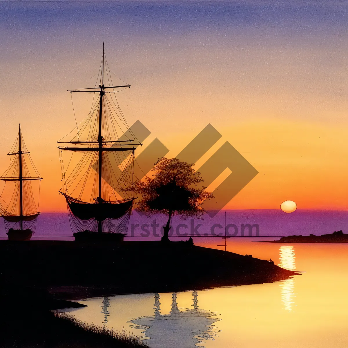 Picture of Pirate ship sailing at sunset over electrically powered ocean waters.