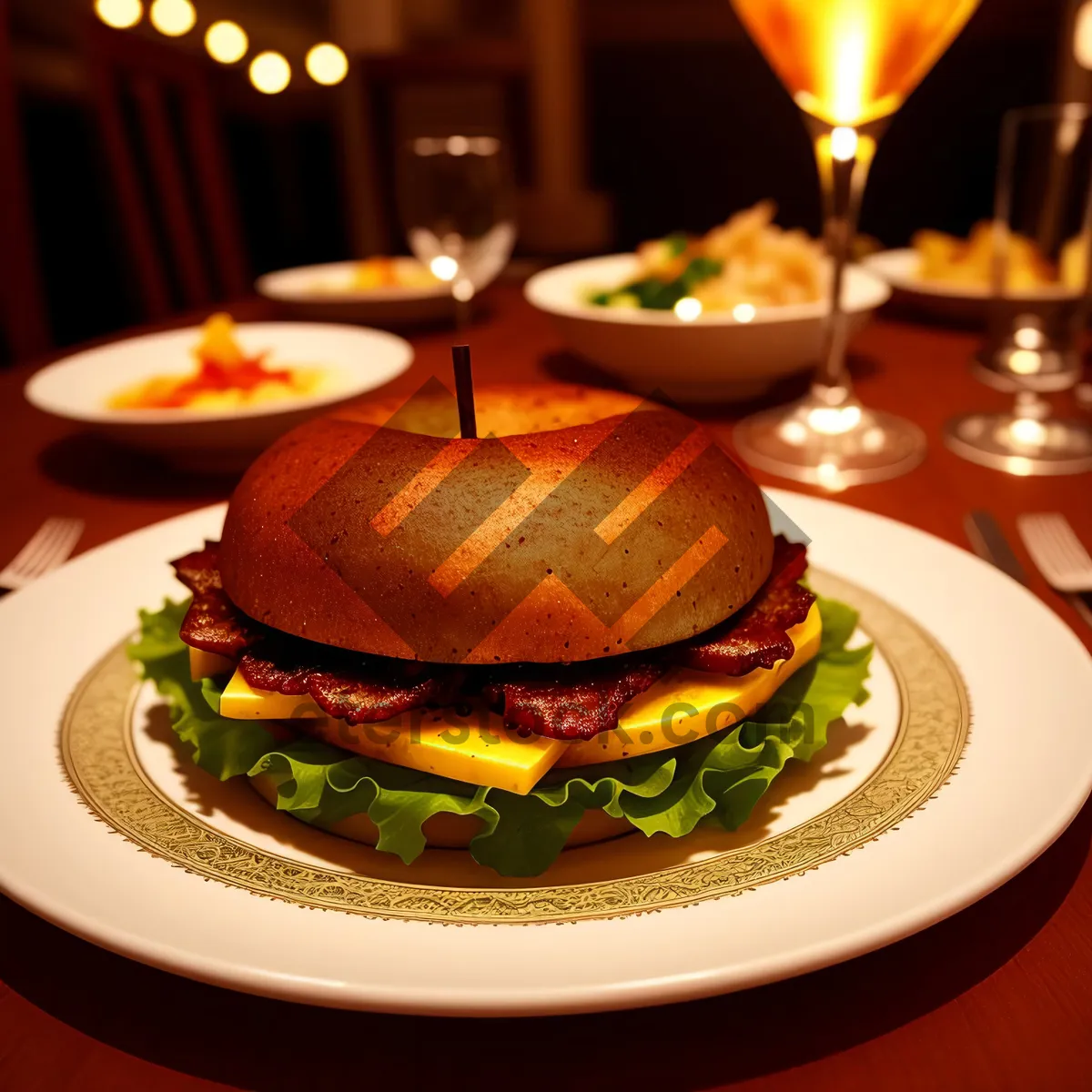 Picture of Tasty Cheeseburger Sandwich on a Dinner Plate