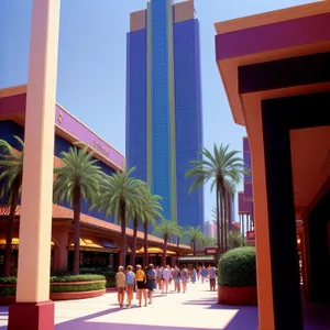 Modern city plaza with sky-high buildings and palm-lined balconies