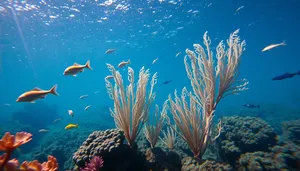 Colorful Coral Reef Underwater Scene with Bright Sun Rays