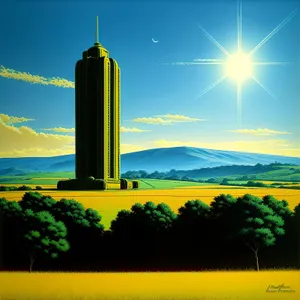 Golden Horizon: Tower and Beacon at Sunset