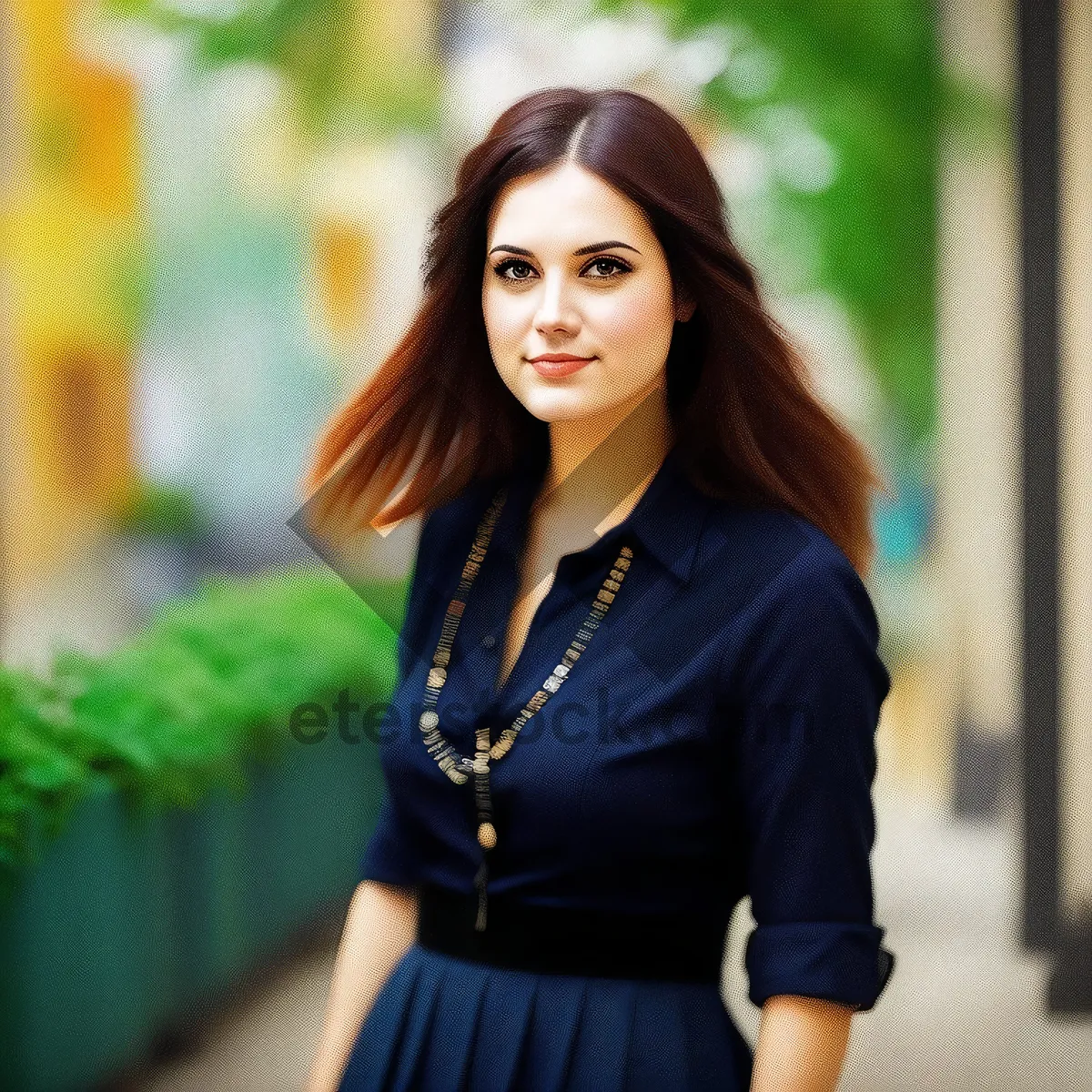 Picture of Attractive brunette lady smiling outdoors in a park.