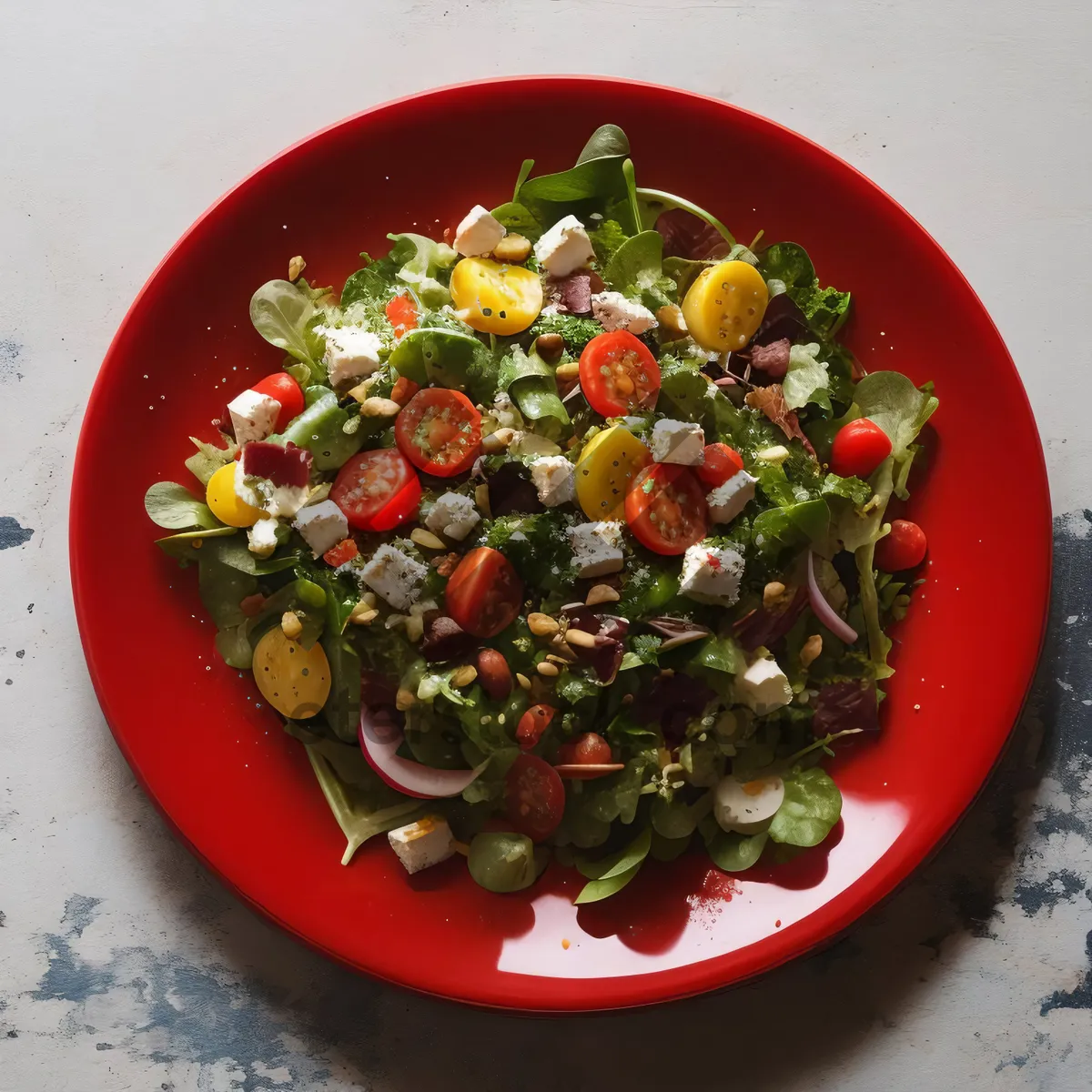 Picture of Fresh vegetable salad with gourmet meat and hot pepper.