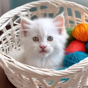 Adorable kitty with curious expression sitting on baby bed