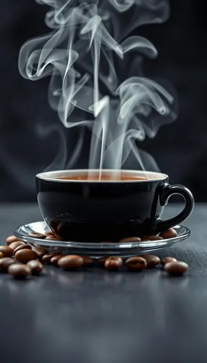 Hot coffee on black table with spoon