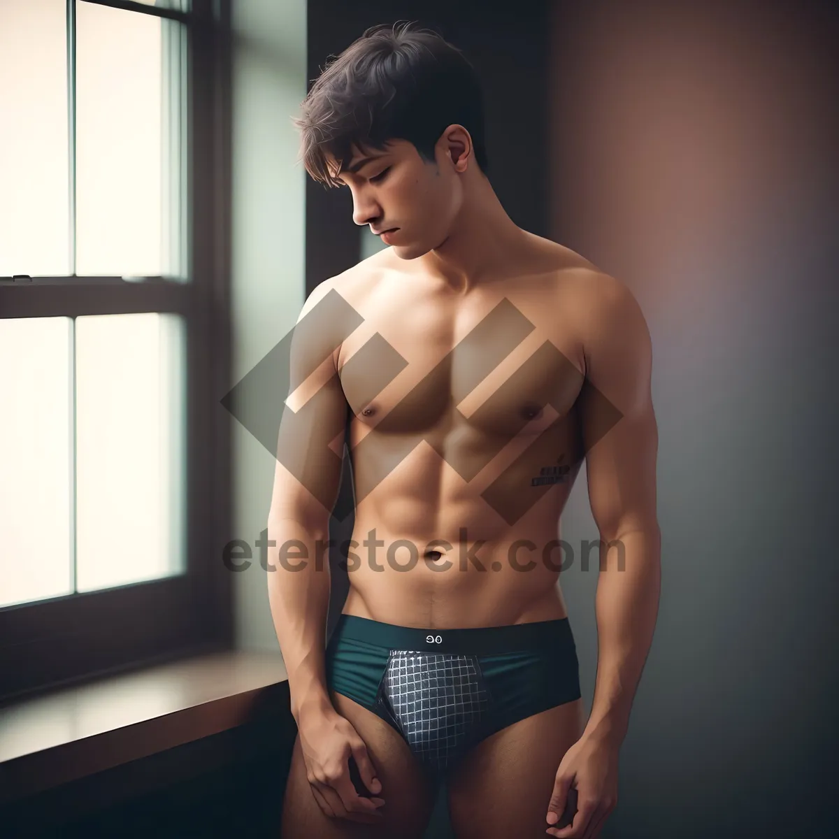 Picture of Muscular Male Fitness Model Posing Shirtless in Studio