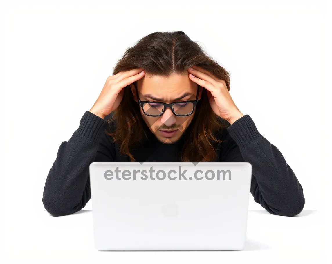 Picture of Attractive brunette businesswoman working on laptop in office.