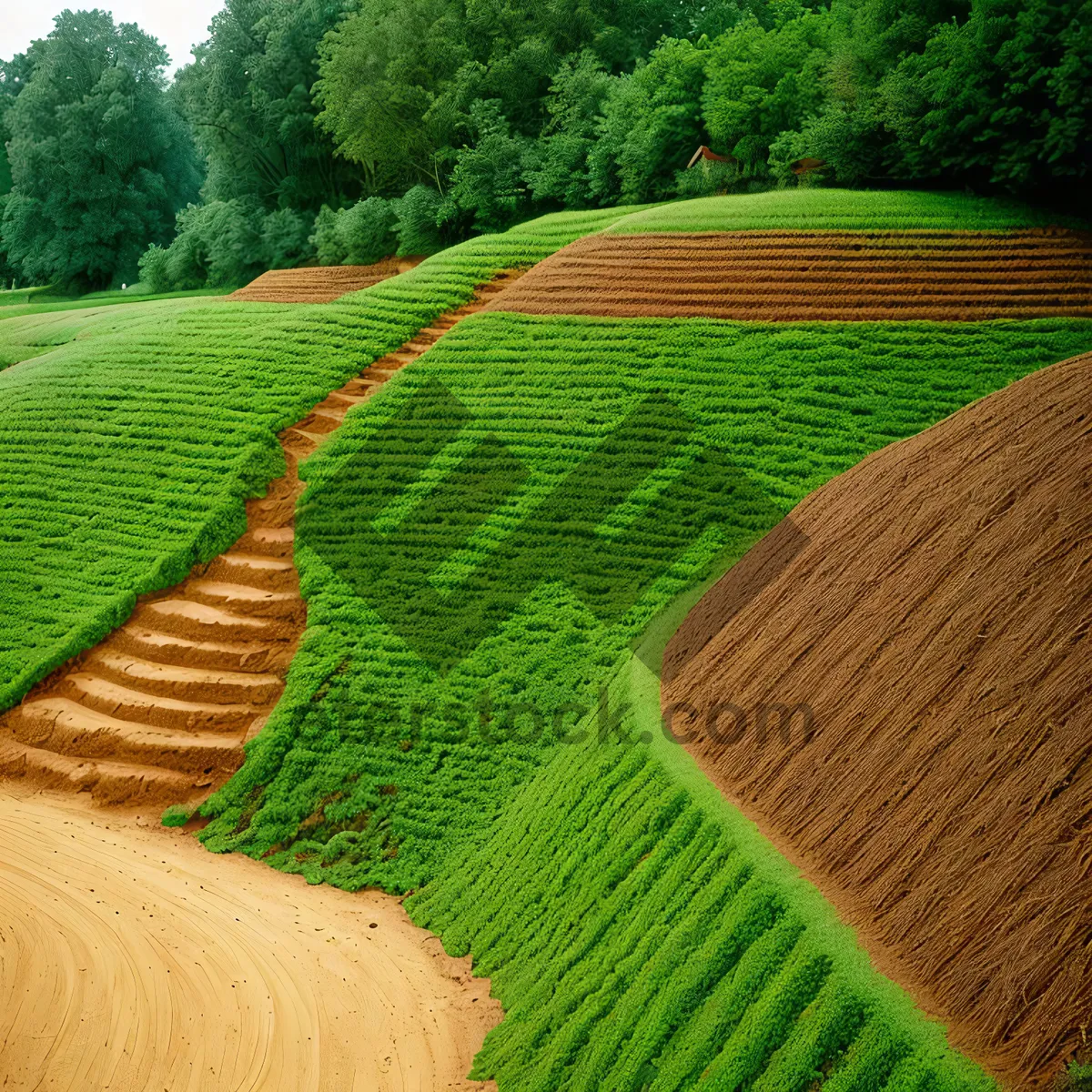 Picture of Idyllic Summer Farm Landscape with Rice Field and Maze